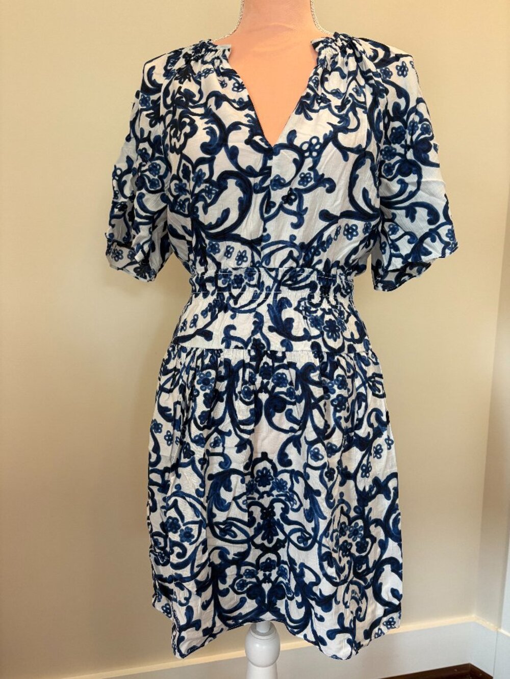 Blue White Floral Dress Small Puff Sleeve Smocked Waist Cottagecore